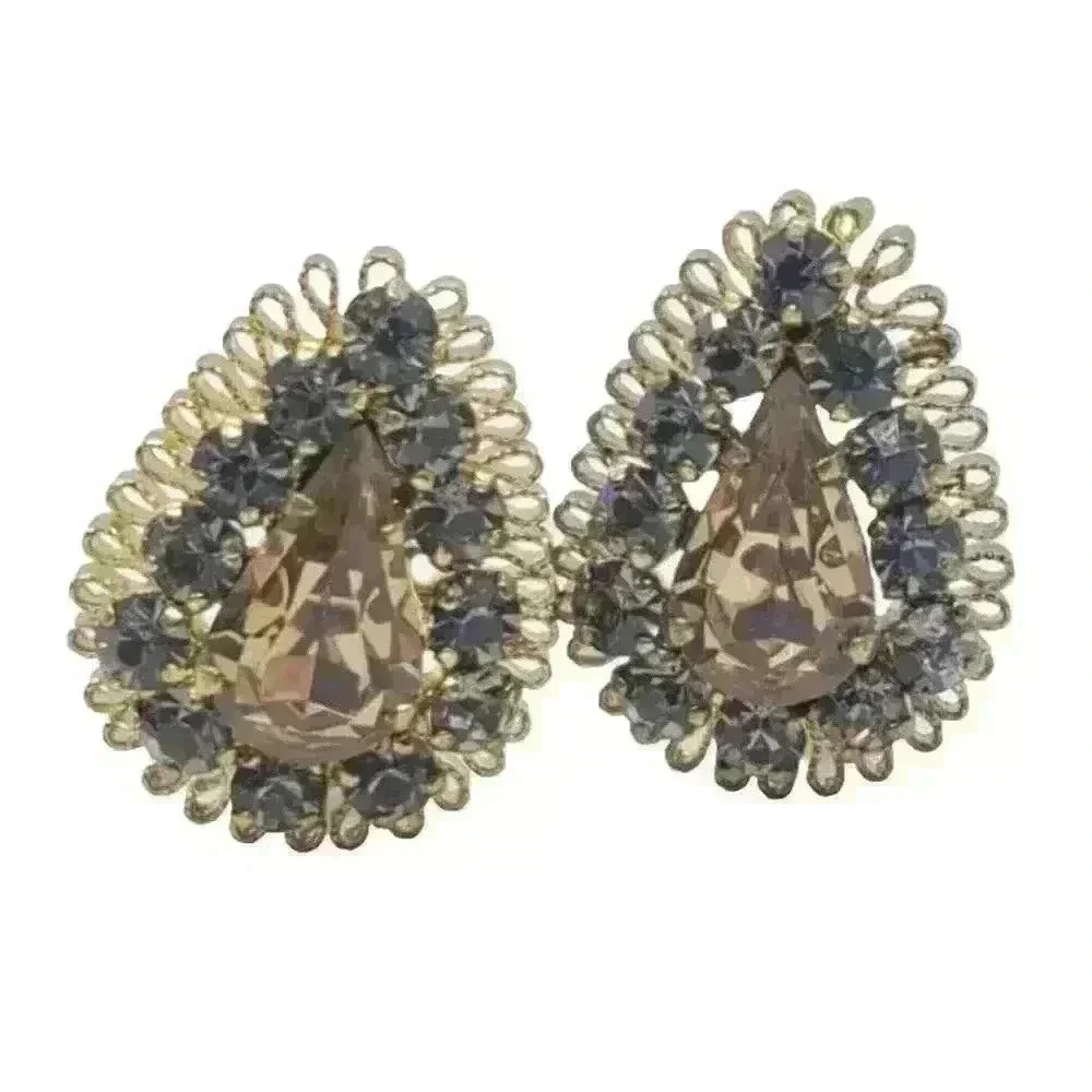 Vintage Earrings Clip Gold Filigree Topaz & Blue Rhinestone Drama Fancy Clip